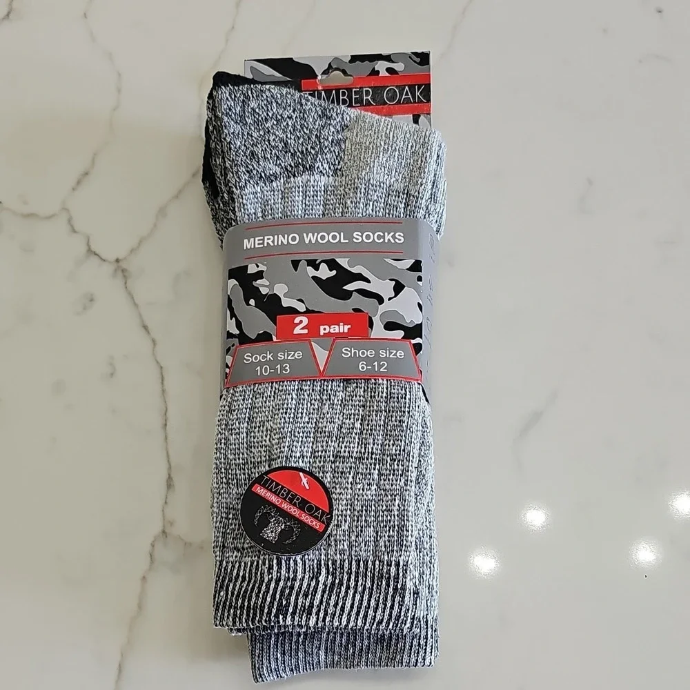 Timber Oak Merino Wool Crew Socks 2 Pairs 10-13 Gray/Black Heathered